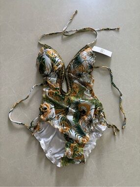 NWT Lateen Luxury Hand Beaded Tropical Baroque Monokini One Piece Swimsuit L
